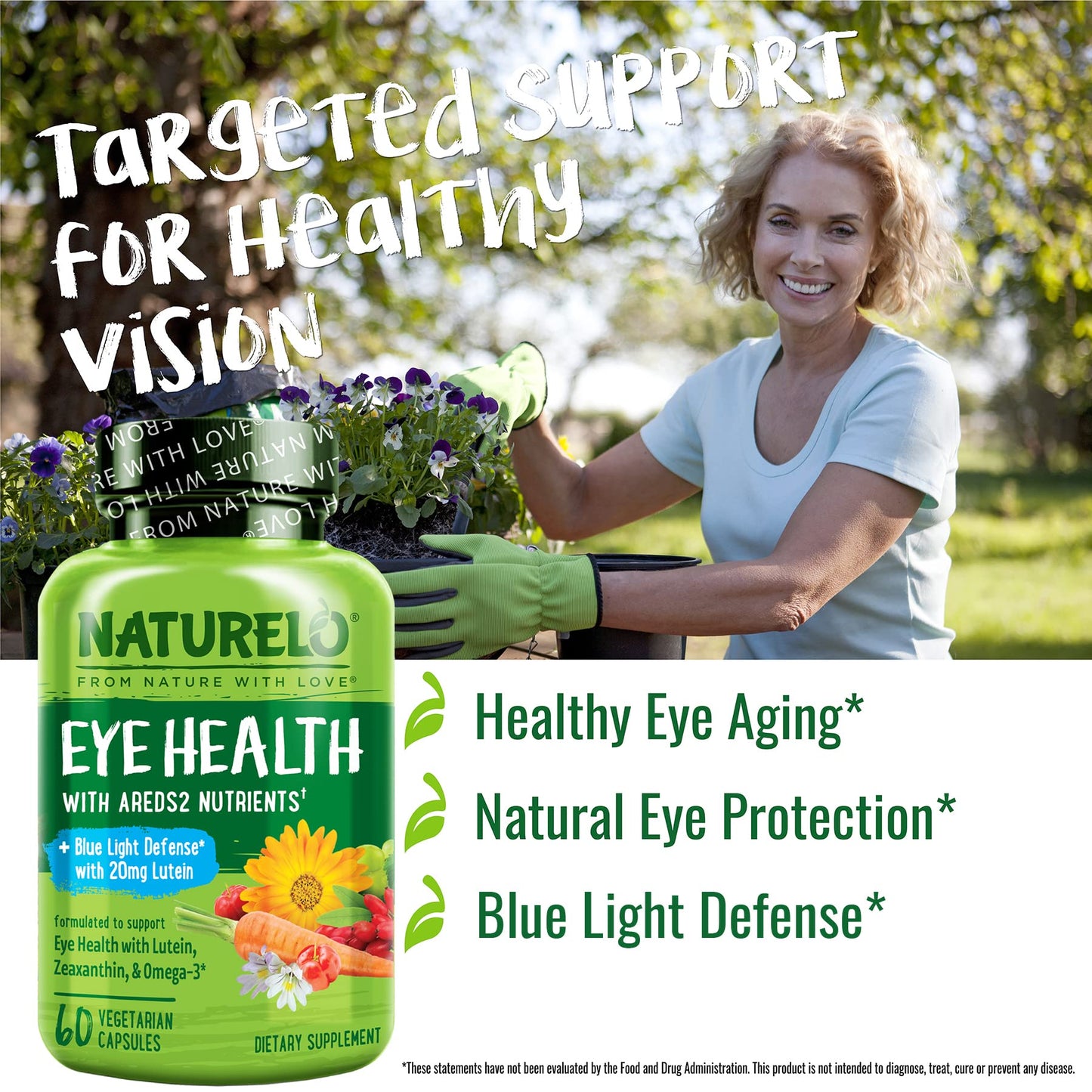 NATURELO Eye Vitamins - AREDS 2 Formula Nutrients with Lutein, Zeaxanthin, Vitamin C, E, Zinc, Plus DHA - Supplement for Dry Eyes, Healthy Vision, Eye Support - 60 Vegan Capsules