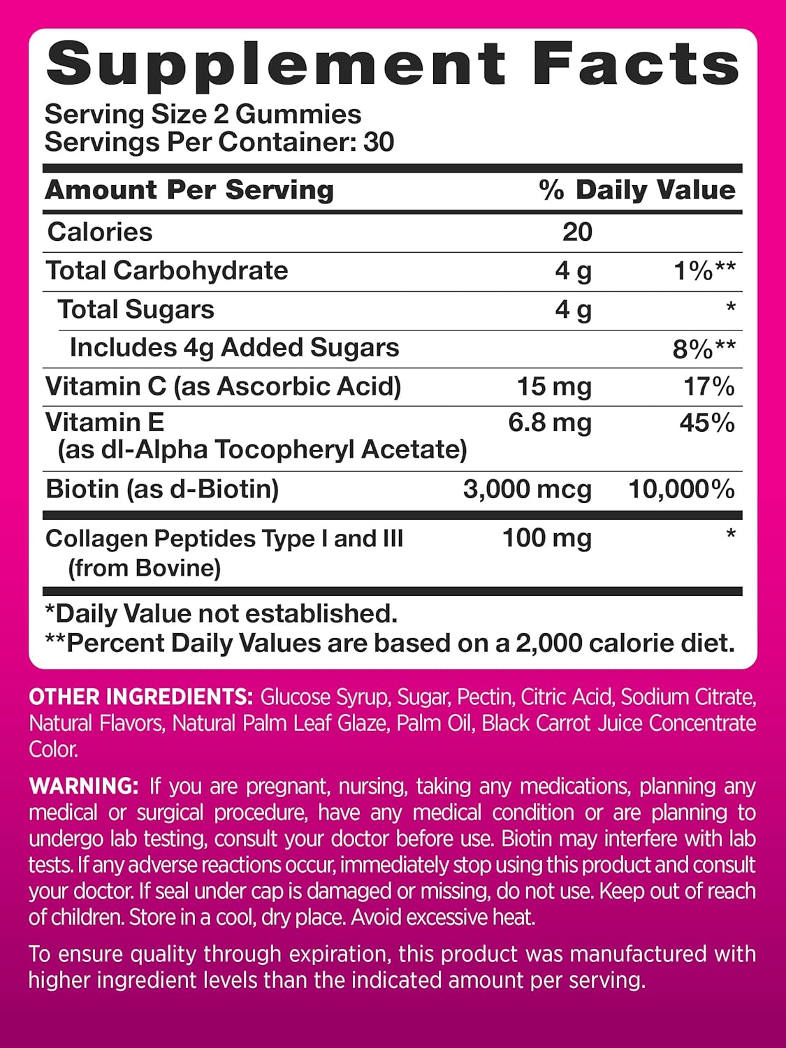 PINK Hair Skin Nails Gummies | 60 Count | Plus Collagen & Biotin | Non-GMO & Gluten Free Vitamins for Women | Strawberry Flavor