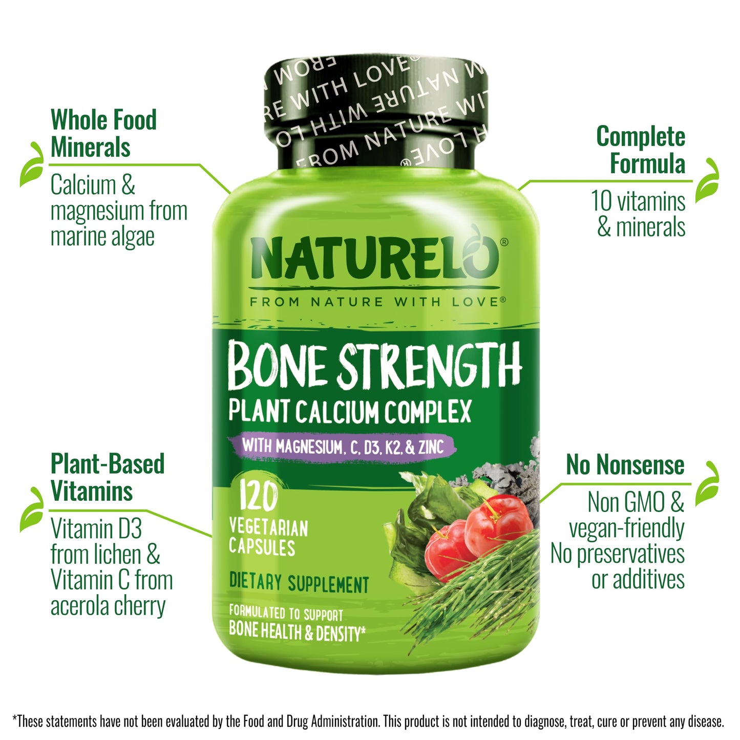 NATURELO Calcium Supplement - with Vitamin C, Vitamin D3, K2, and Calcium Magnesium Zinc for Bone Strength with Calcium 600mg - Plant-Based, 120 Vegetarian Capsules, Non-GMO, Soy & Gluten-Free