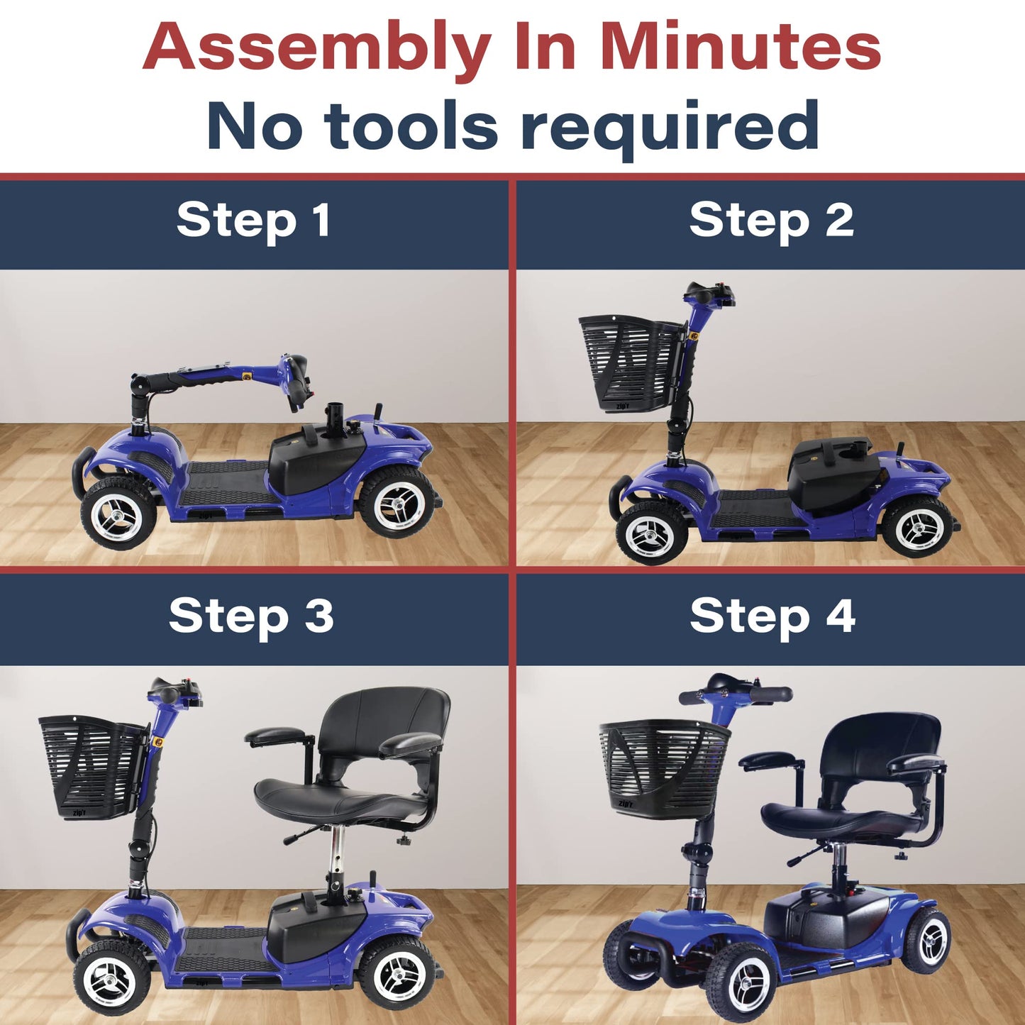 Zipr Roo 4 Wheel Mobility Scooter - Electric Powered Wheelchair Medical Aid - Compact Heavy Duty Mobile for Travel, Seniors, Adults, Handicapped - Long Range Battery with Charger Basket Included
