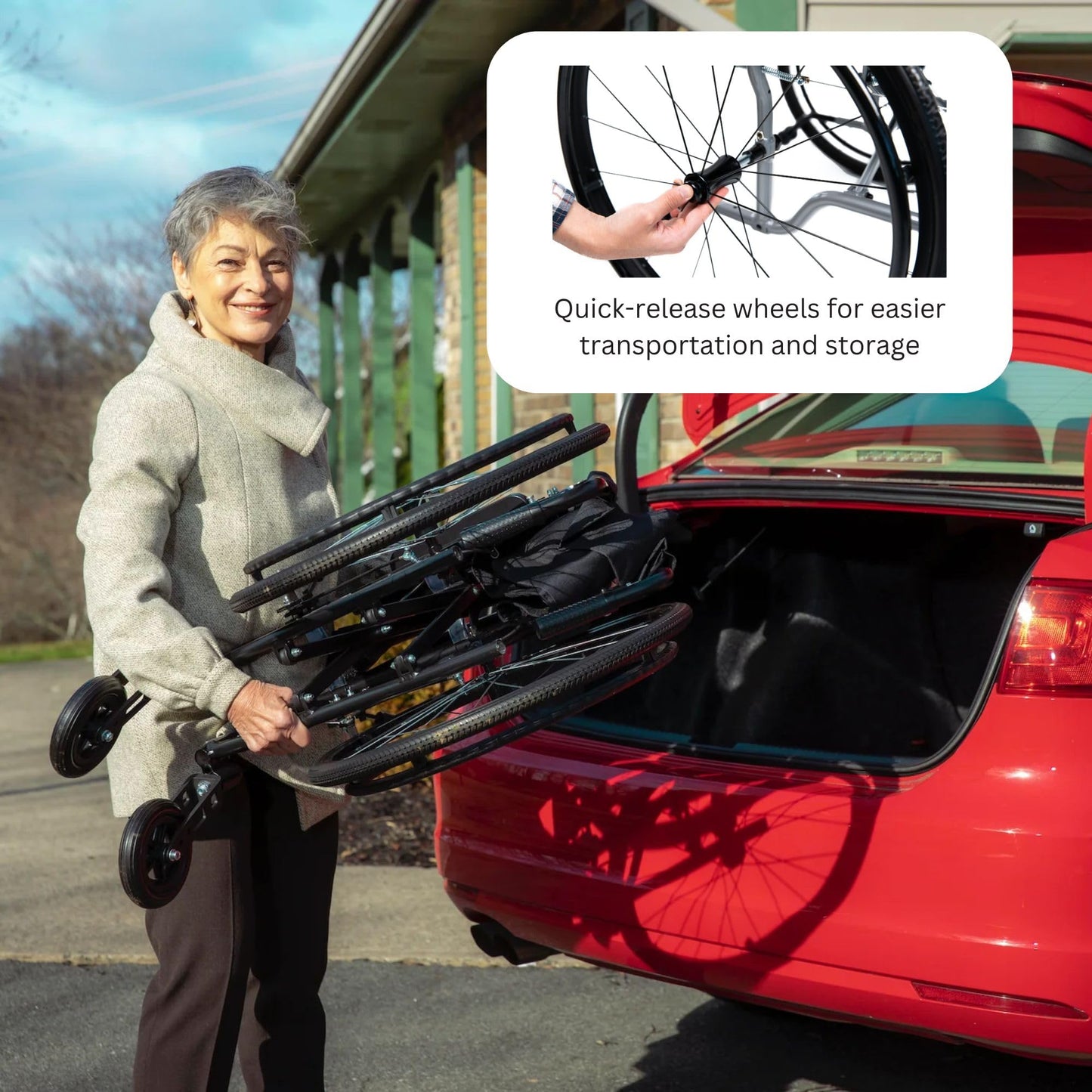 Feather Mobility - Red Cushion 13.5lb Silver Frame Lightweight Folding Wheelchair - Seat Width 18" with Swingaway Legrests, Anti-tippers, and Quick Release Wheels