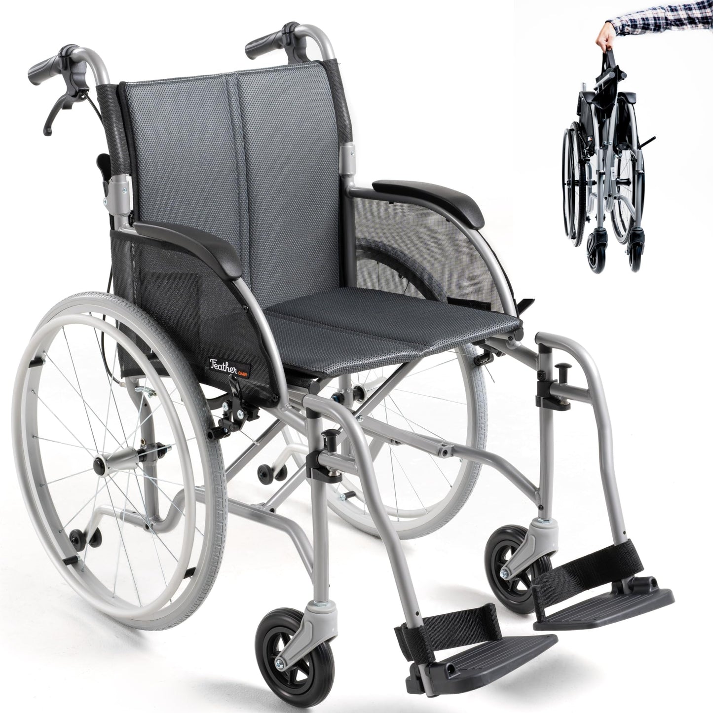 Feather Mobility - Red Cushion 13.5lb Silver Frame Lightweight Folding Wheelchair - Seat Width 18" with Swingaway Legrests, Anti-tippers, and Quick Release Wheels