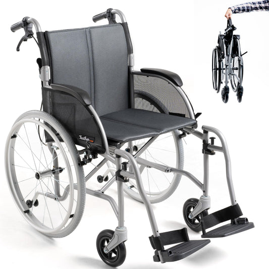Feather Mobility - Red Cushion 13.5lb Silver Frame Lightweight Folding Wheelchair - Seat Width 18" with Swingaway Legrests, Anti-tippers, and Quick Release Wheels