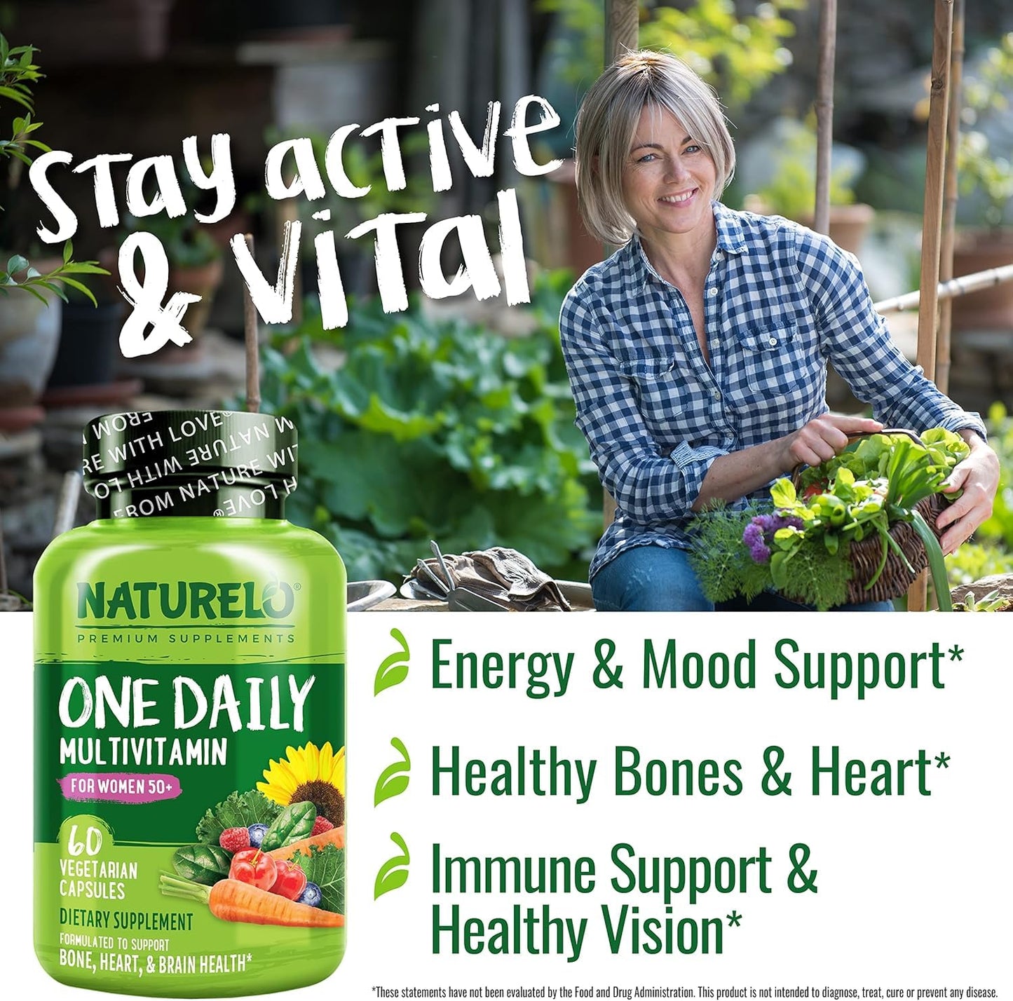 NATURELO One Daily Multivitamin for Women 50+ (Iron Free) - Menopause Support for Women Over 50 - Whole Food Supplement - Non-GMO - No Soy - 60 Capsules - 2 Month Supply