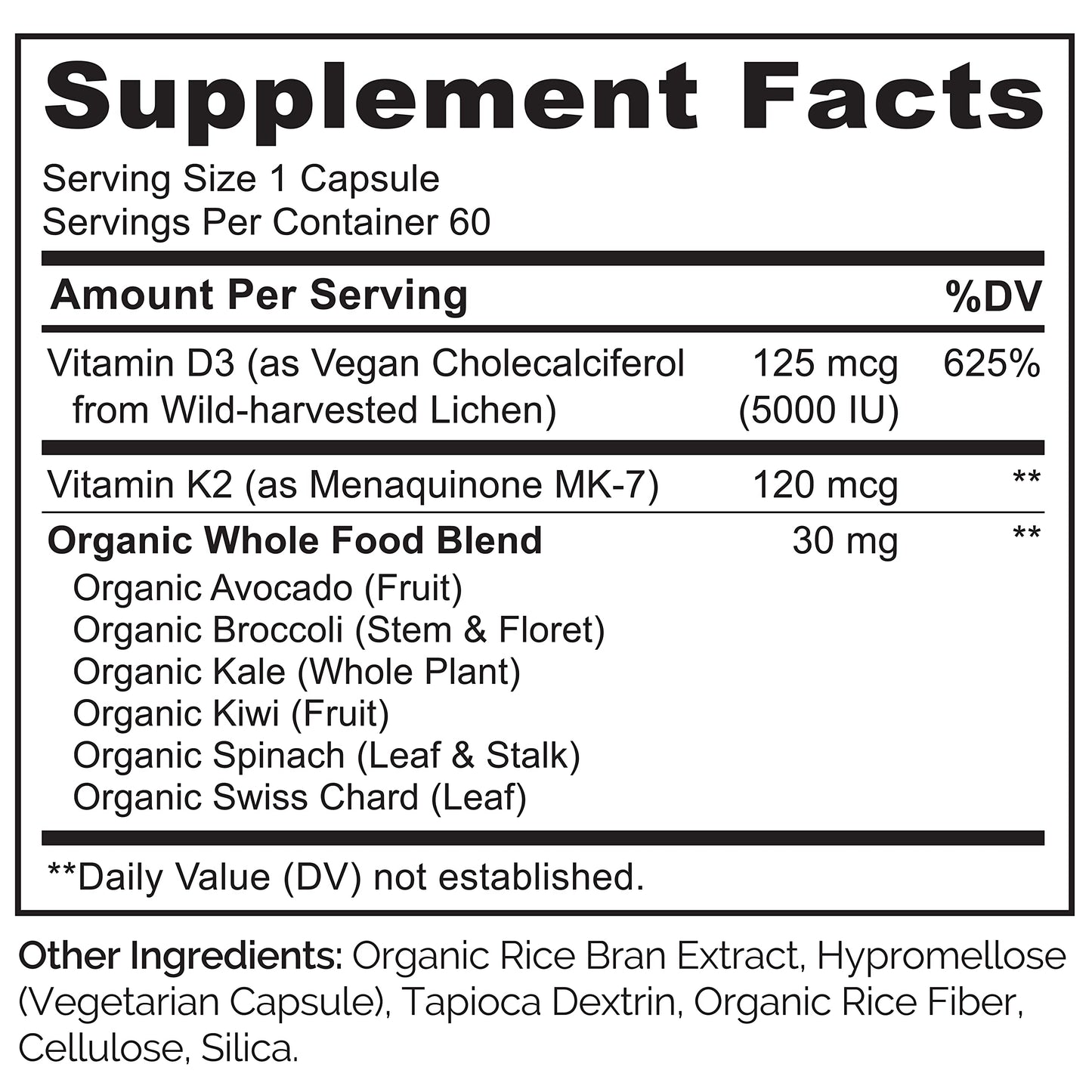 NATURELO Vitamin D3 K2 - Vegan K2+D3 with Plant Based D3 from Lichen - Natural D3 Supplement for Immune System, Bone Support, Heart Health - Whole Food - Non-GMO - Gluten Free, 60 Capsules