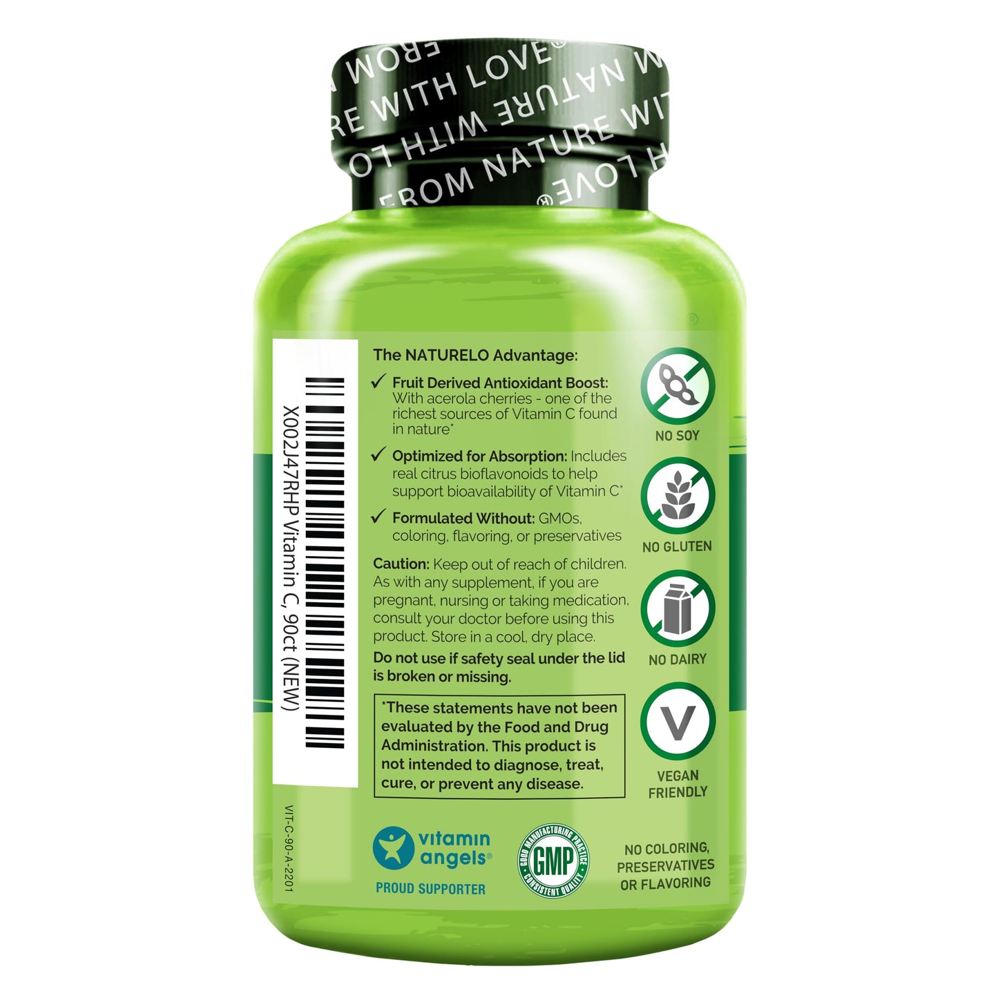 NATURELO Vitamin C with Organic Acerola Cherry Extract and Citrus Bioflavonoids - Vegan Supplement - Immune Support - 500 mg VIT C per Cap - Non-GMO - 90 Capsules