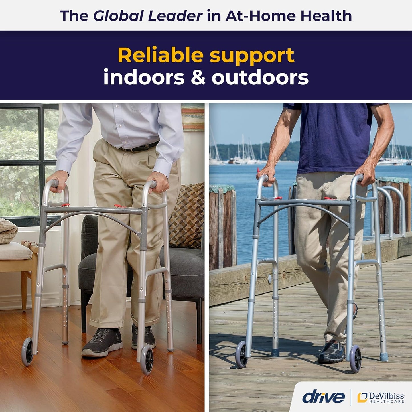 Drive Medical 10210-1 2-Button Folding Walker with Wheels – Lightweight, Adjustable & Reliable Mobility Aid
