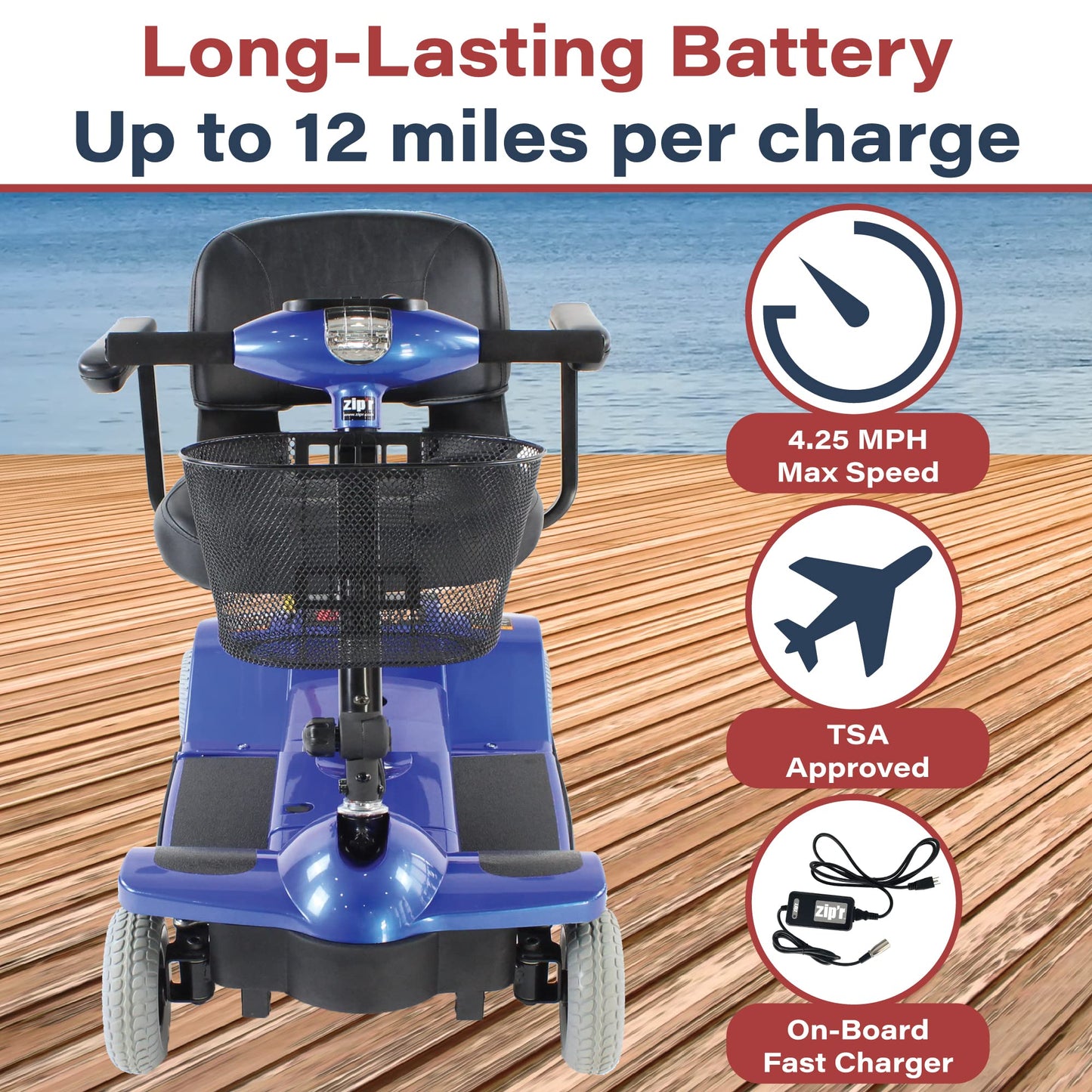 Zipr Traveler 4 Wheel Mobility Scooter - Upgraded Battery - Portable Folding Scooter - Adults, Seniors, Elderly - Charger and Metal Basket Included