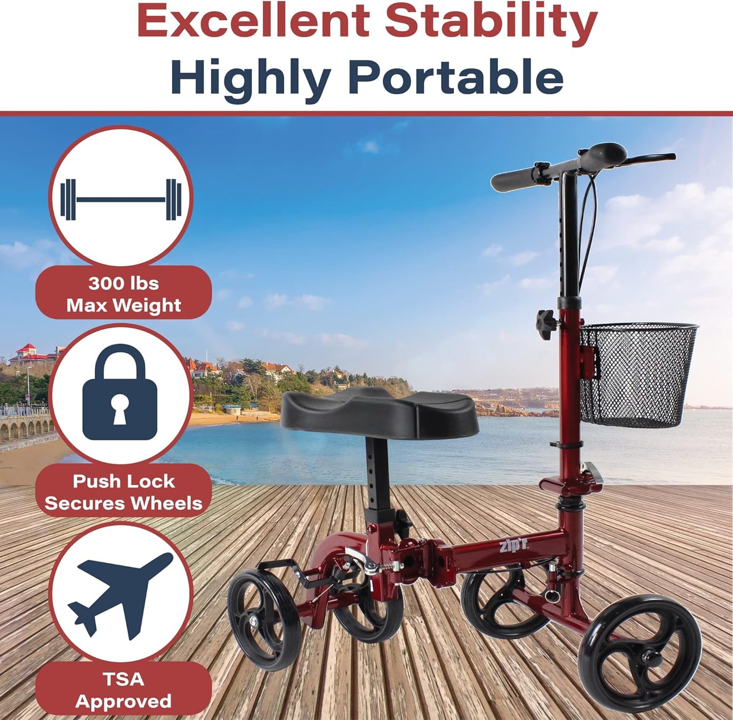 Zipr Pathfinder Folding Knee Scooter - Height Adjustable Knee Scooter - Medical Knee Scooter for Broken Foot & Ankle - Knee Walker with Removable Basket - Ambidextrous Dual Braking Knee Crutch