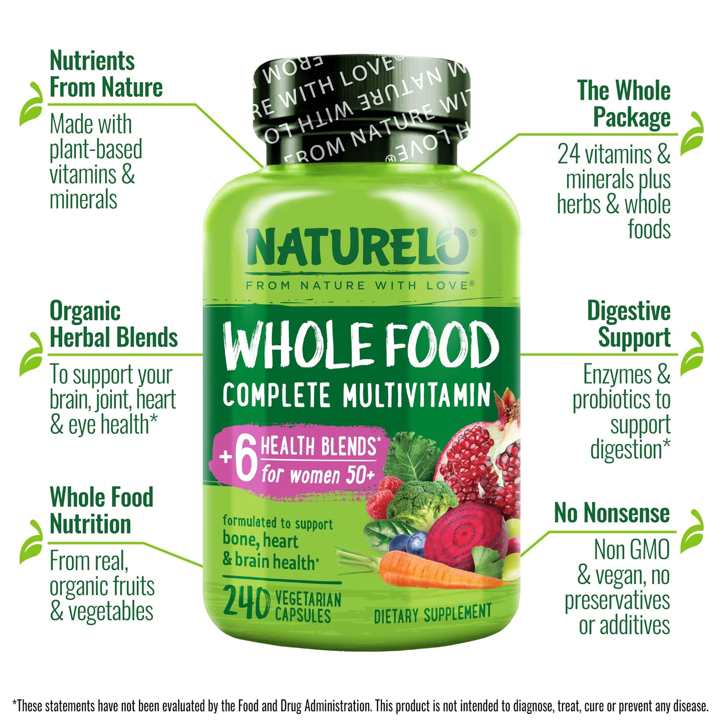 NATURELO Whole Food Multivitamin for Women 50+ (Iron Free) with Vitamins, Minerals, & Organic Extracts - Supplement for Post Menopausal Women Over 50 - No GMO - 120 Vegan Capsules