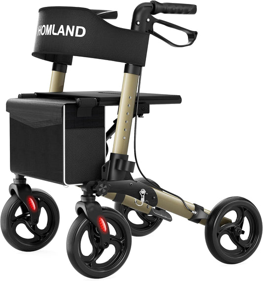 Foldable Rollator Walker for Seniors with Seat, 350 LBS Portable Rolling Walker with Height Adjustable, 8" Big Wheels Compatible for All Terrain, Champagne