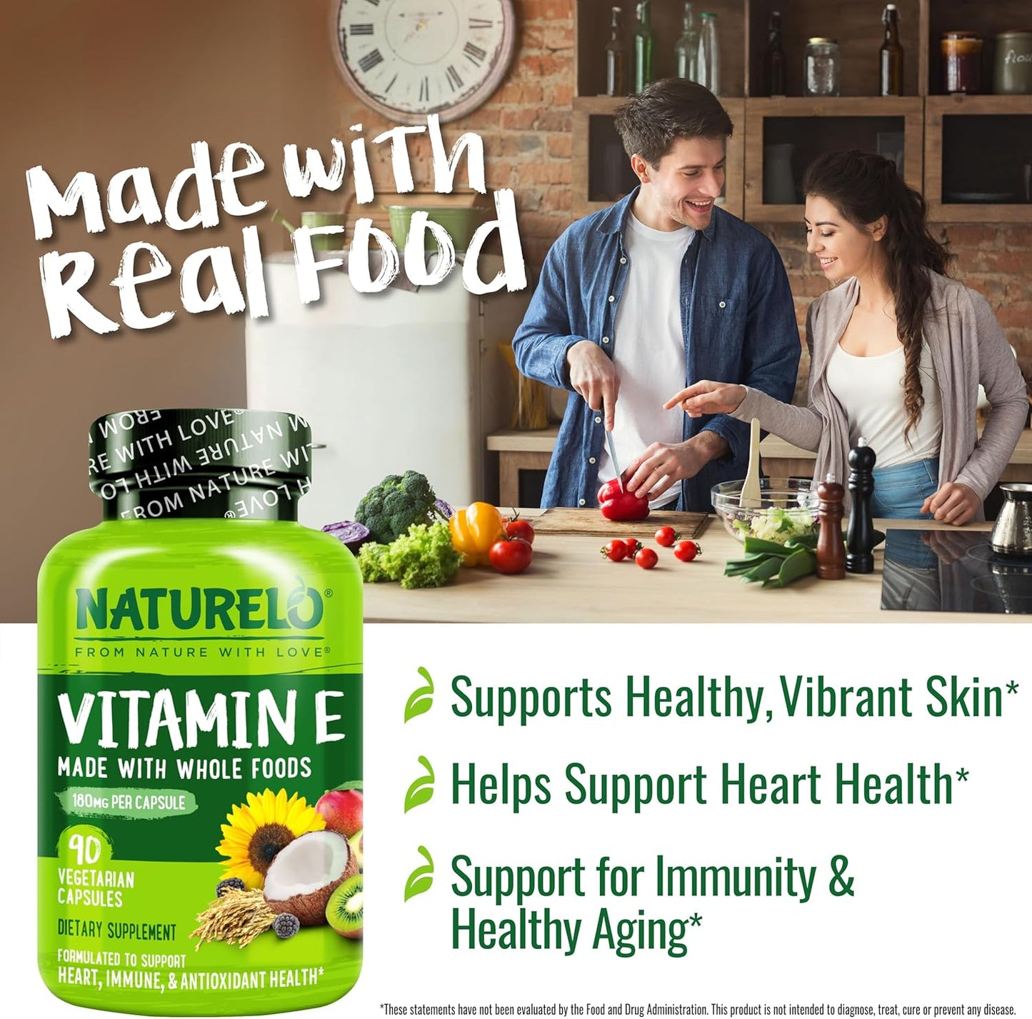 NATURELO Vitamin E - 180 mg (300 IU) of Natural Mixed Tocopherols from Organic Whole Foods - Supplement for Healthy Skin, Hair, Nails, Immune & Eye Health - Non-GMO, Soy Free - 90 Vegan Capsules
