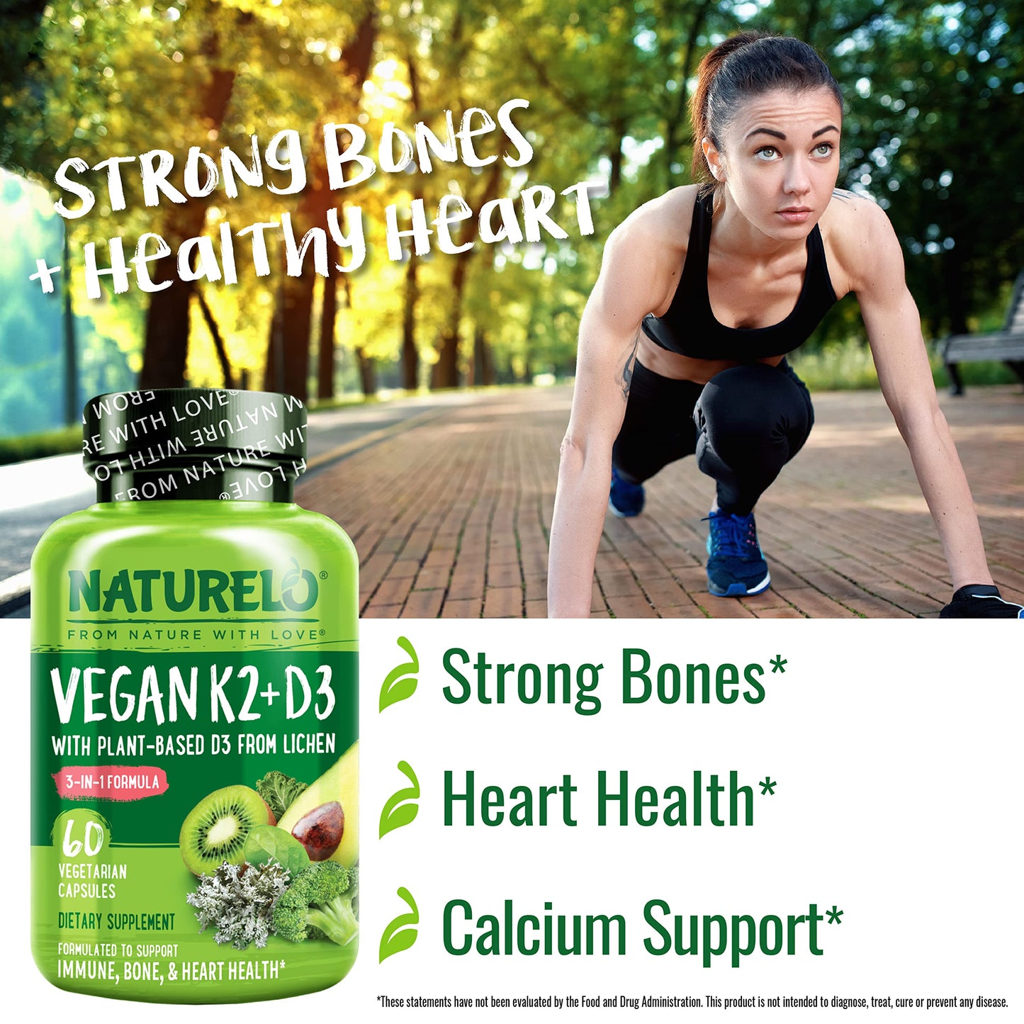 NATURELO Vitamin D3 K2 - Vegan K2+D3 with Plant Based D3 from Lichen - Natural D3 Supplement for Immune System, Bone Support, Heart Health - Whole Food - Non-GMO - Gluten Free, 60 Capsules