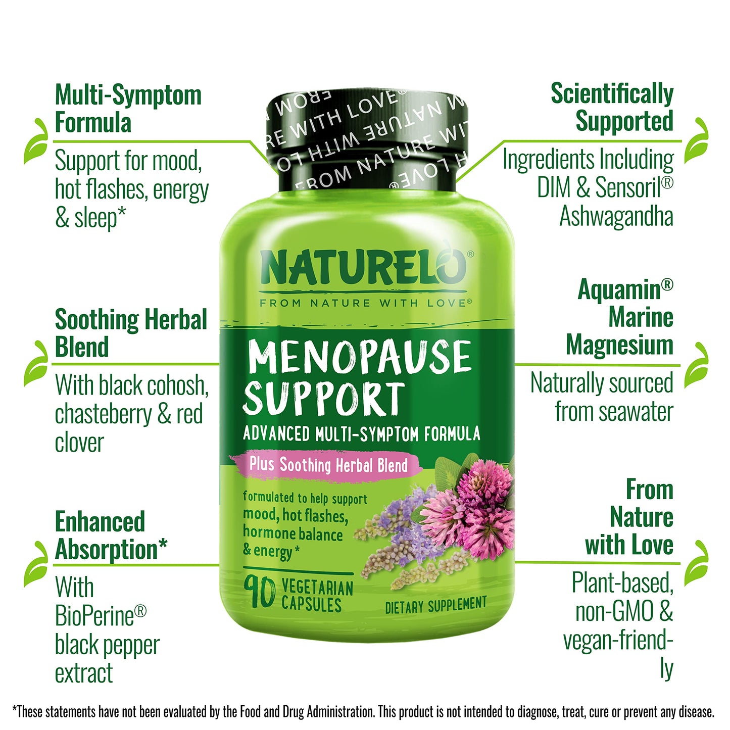 NATURELO Menopause Supplements for Women, Herbal Blend with Black Cohosh for Menopause Hot Flashes Advanced Estrogen Multi-Symptom Formula 90 Capsules