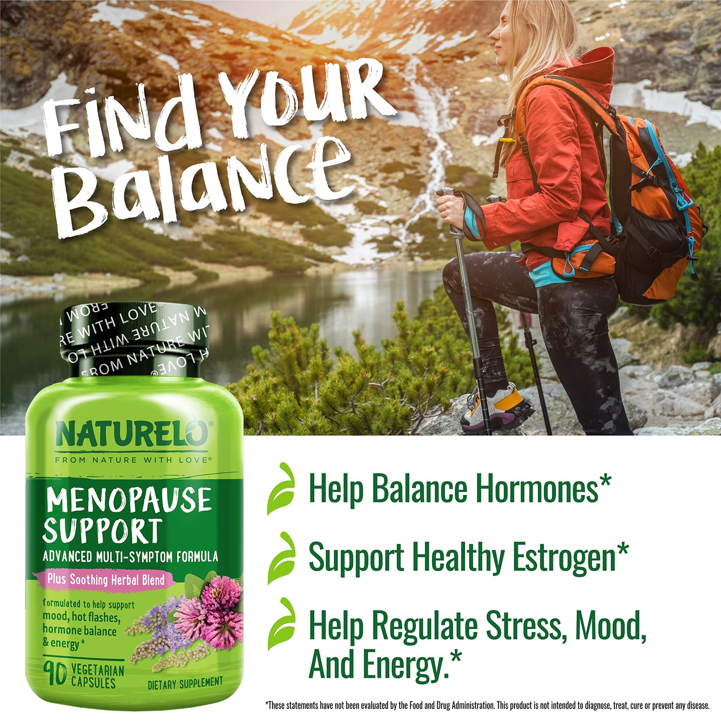 NATURELO Menopause Supplements for Women, Herbal Blend with Black Cohosh for Menopause Hot Flashes Advanced Estrogen Multi-Symptom Formula 90 Capsules